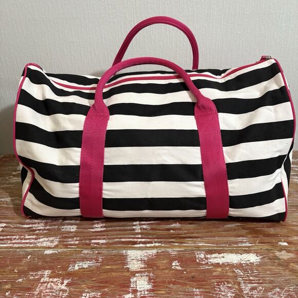 Y2K 2000s Victoria’s Secret Pink Duffle Bag Weekender Black White Stripe Strap - Picture 9 of 14